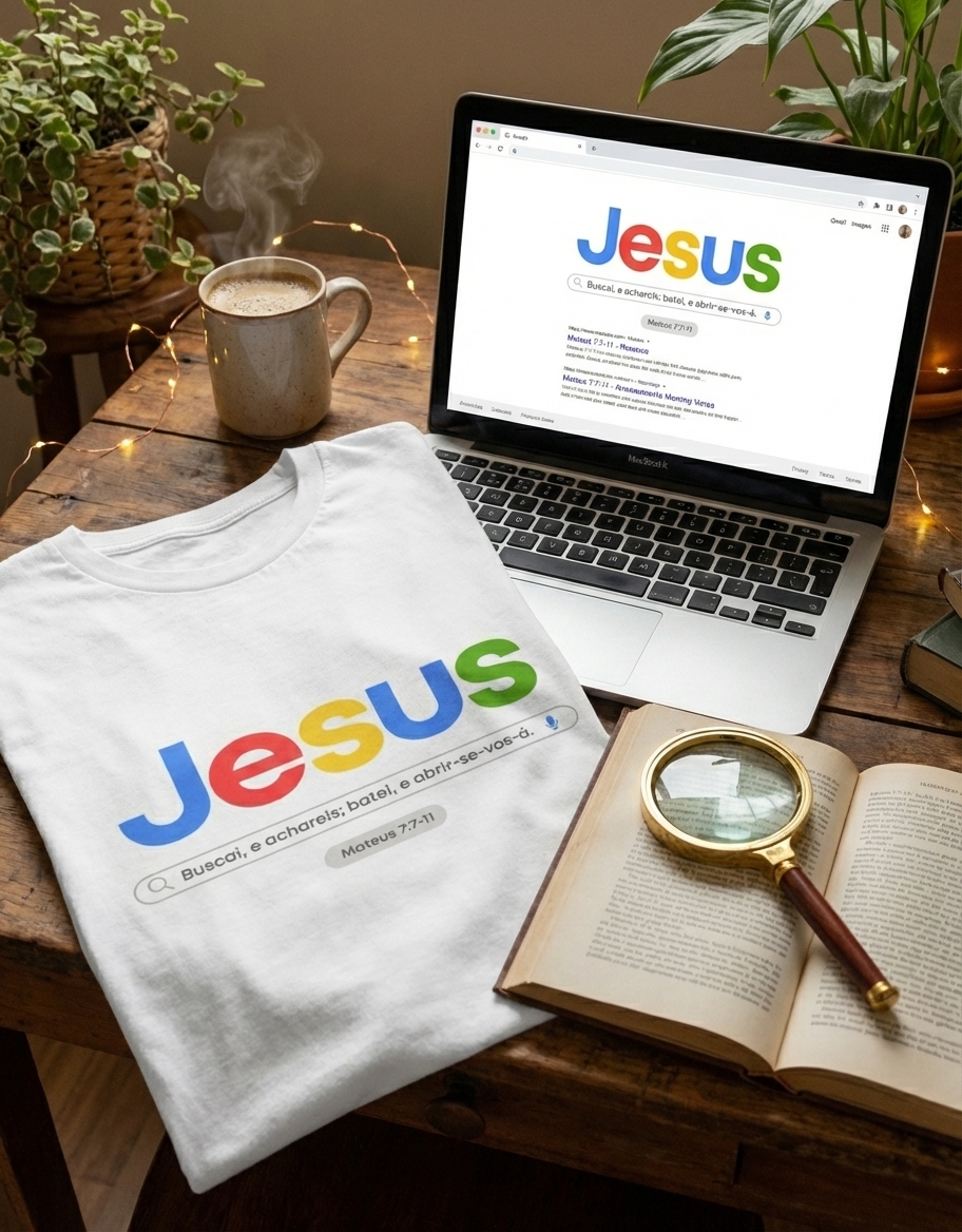 T-shirt branca 'Jesus Search' dobrada sobre uma secretária de madeira, ao lado de um portátil aberto que mostra uma pesquisa por 'Jesus', um livro antigo e uma caneca de café.